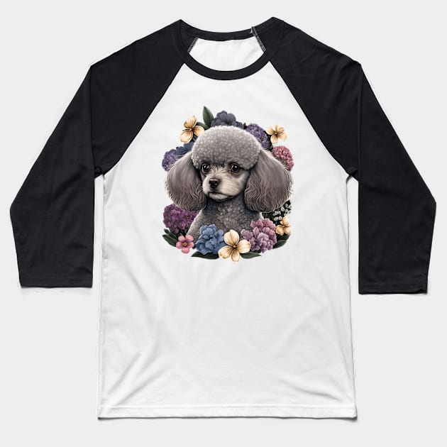 Gray Toy Poodle and Flowers Baseball T-Shirt by kansaikate